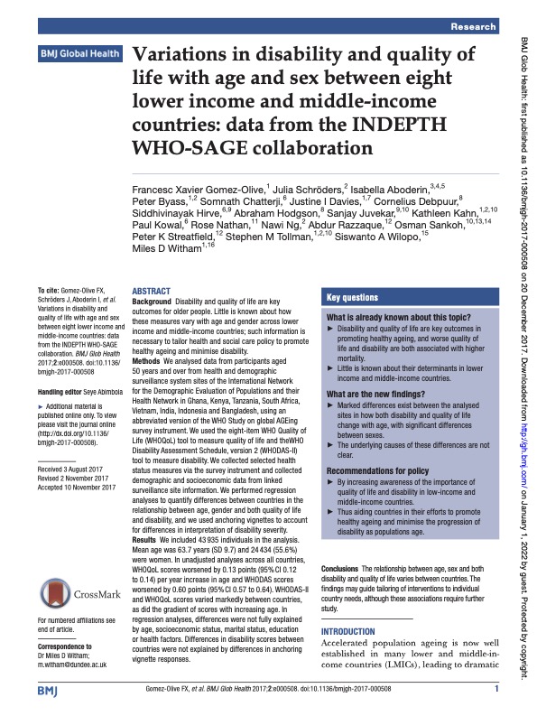 Variations in disability and quality of life with age and sex between eight lower income and middle-income countries: data from the INDEPTH WHO-SAGE collaboration
