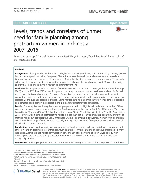 Levels, trends and correlates of unmet need for family planning among postpartum women in Indonesia: 2007–2015