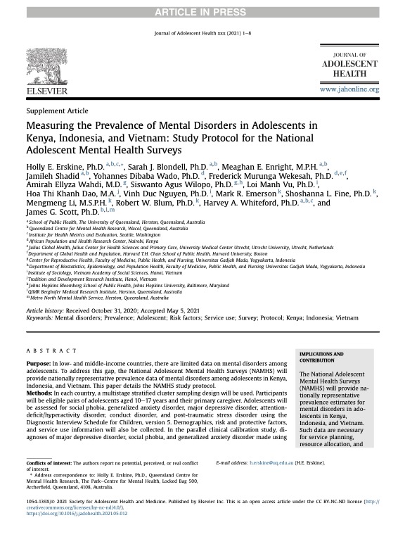 Measuring the Prevalence of Mental Disorders in Adolescents inKenya, Indonesia, and Vietnam: Study Protocol for the NationalAdolescent Mental Health Surveys