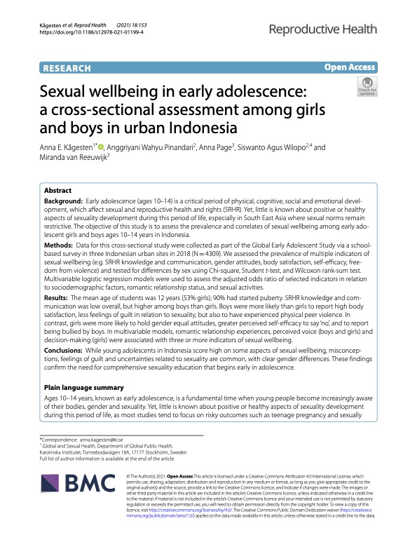 Sexual Wellbeing in Early Adolescence: A Cross-sectional Assessment Among Girls and Boys in Urban Indonesia