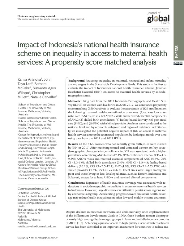 Impact of Indonesia’s national health insurance scheme on inequality in access to maternal health services: A propensity score matched analysis
